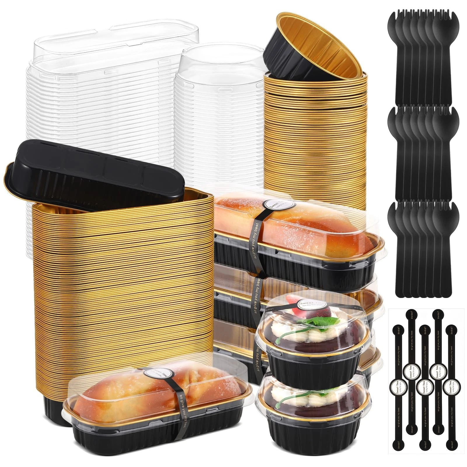 600 Pcs Black and Gold Mini Loaf Pans with Lids and Spoons Sealing Stickers 6...