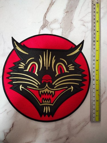 Large Vintage Black Cat Fangs Halloween Satan Old School Rockabilly Iron Patch - Picture 6 of 15