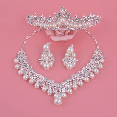 Elegant Big Pearl Crystal Wedding Queen Prom Necklace Clip On Earrings Tiara Set