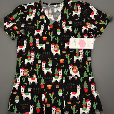 Medium Sz GT Performance Scrub Top, Colorful Llamas On Black Background.