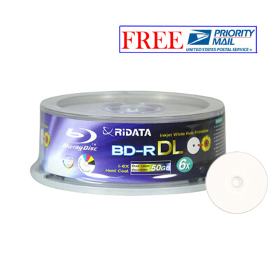 25 Pack Ridata Blu-ray BD-R DL Dual Layer 6X 50GB White Inkjet Printable Disc