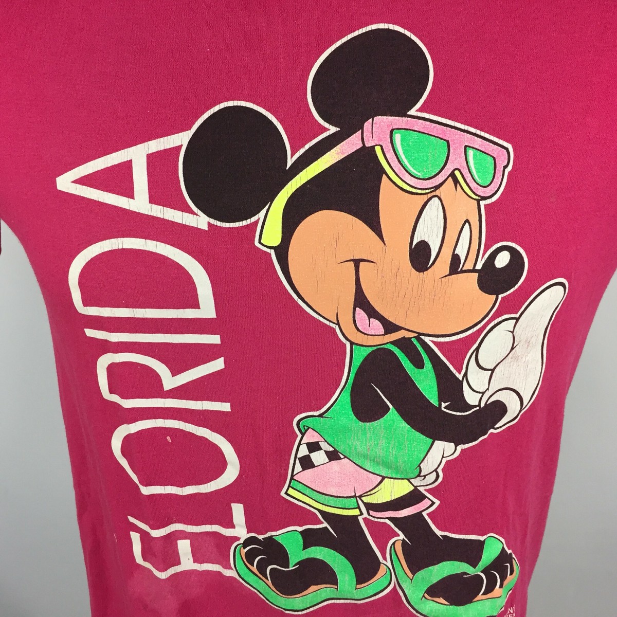 Vintage 80s 90s Florida Mickey Mouse Neon Hot Pink Distressed Thin