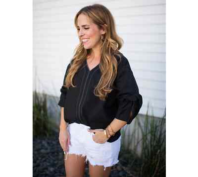 Rachel Hollis Ltd. Woven Top with Sleeve Detail, Stylish Blouse, Black Reg 2