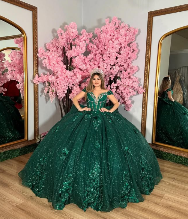 pine green color combination dress Real Off Shoulder Green Prom Dresses Beaded Appliques Emerald Quince D –  MyChicDress main image 0