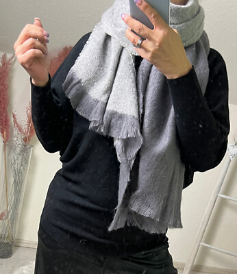 XXL blogger Wende Viskose Wolle Mix Schal schwarz grau Plaid Fransen Stola weich