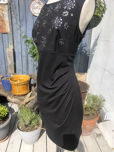 1960S STYLE SIZE 14 STRETCH BLACK JERSEY SILVER BEADING PENCIL DRESS BELLE OASIS - Picture 21 of 24