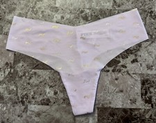 NWT VICTORIA'S SECRET PINK M LAVENDER GOLD SILVER LOGO NO SHOW THONG PANTIES