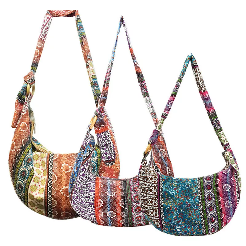 Boho Ethnic Shoulder Bag, Hobo Crossbody Purse Women's Canvas Tote