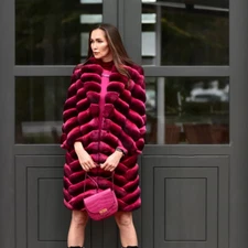 Red Women's Coat Real Rex Rabbit Fur Jacket Full Pelt Outerwear Chinchilla Color