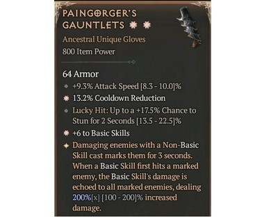 Diablo 4 S7 Paingorger's Gauntlets 2GA 200% Unique Gloves Item Gear Equipment
