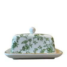Grace Teaware Green Floral Porcelain Casserole Baker w/ Lid Oven Safe White New