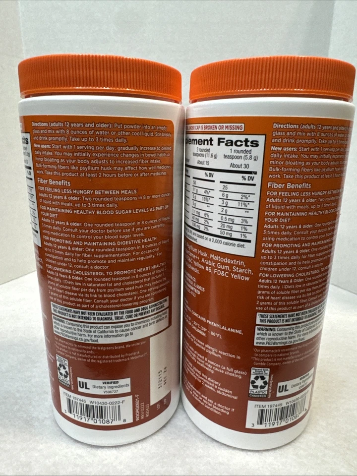 2 X Walgreens fibra en polvo naranja suplemento dietético 6,1 oz exp. 12/26 Foto 2 de 4