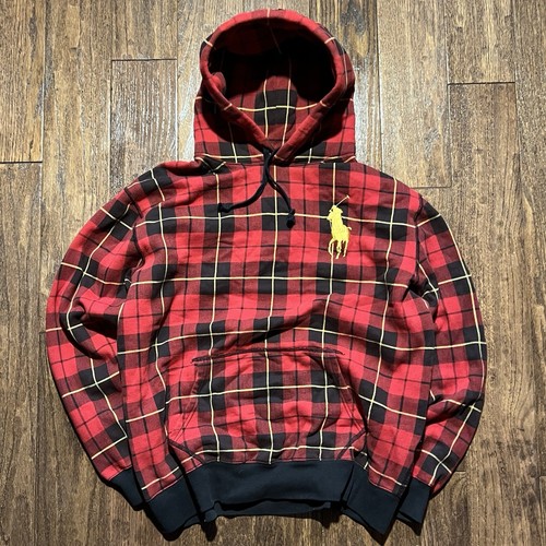 Polo Ralph Lauren Red Tartan Plaid Hoodie Gold Big Pony Pullover Men’s Medium - Picture 1 of 5