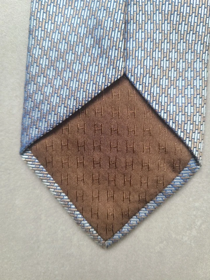 New Unused HERMES Neck Tie Light Blue Brown Check 100%Silk Made in France - Image 3 of 4