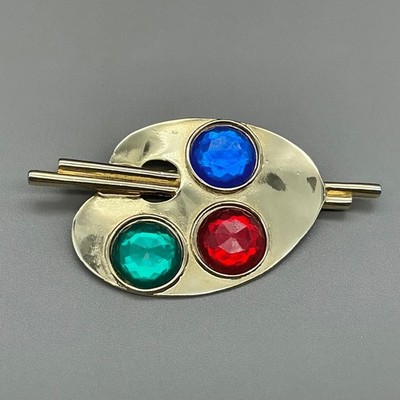 Brooch Womens Gold Tone Artist Paint Palette Multi Color Rhinestone 3.25 Inch