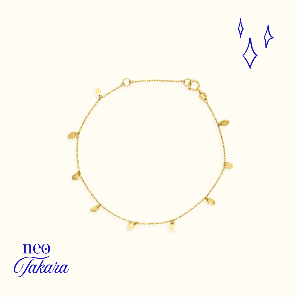 Pulsera con dijes de disco ovalados de oro amarillo macizo de 10 quilates gotas colgantes - regalo para ella Foto 2 de 4