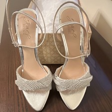 Jewel Badgley Mischka Silver Rhinestone Heels 7.5   Ankle Strap, Open Toe, Shoes