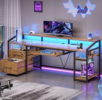 63'' Computer Desk, Gaming Desk with LED Light & Power Outlet Home Office Desk