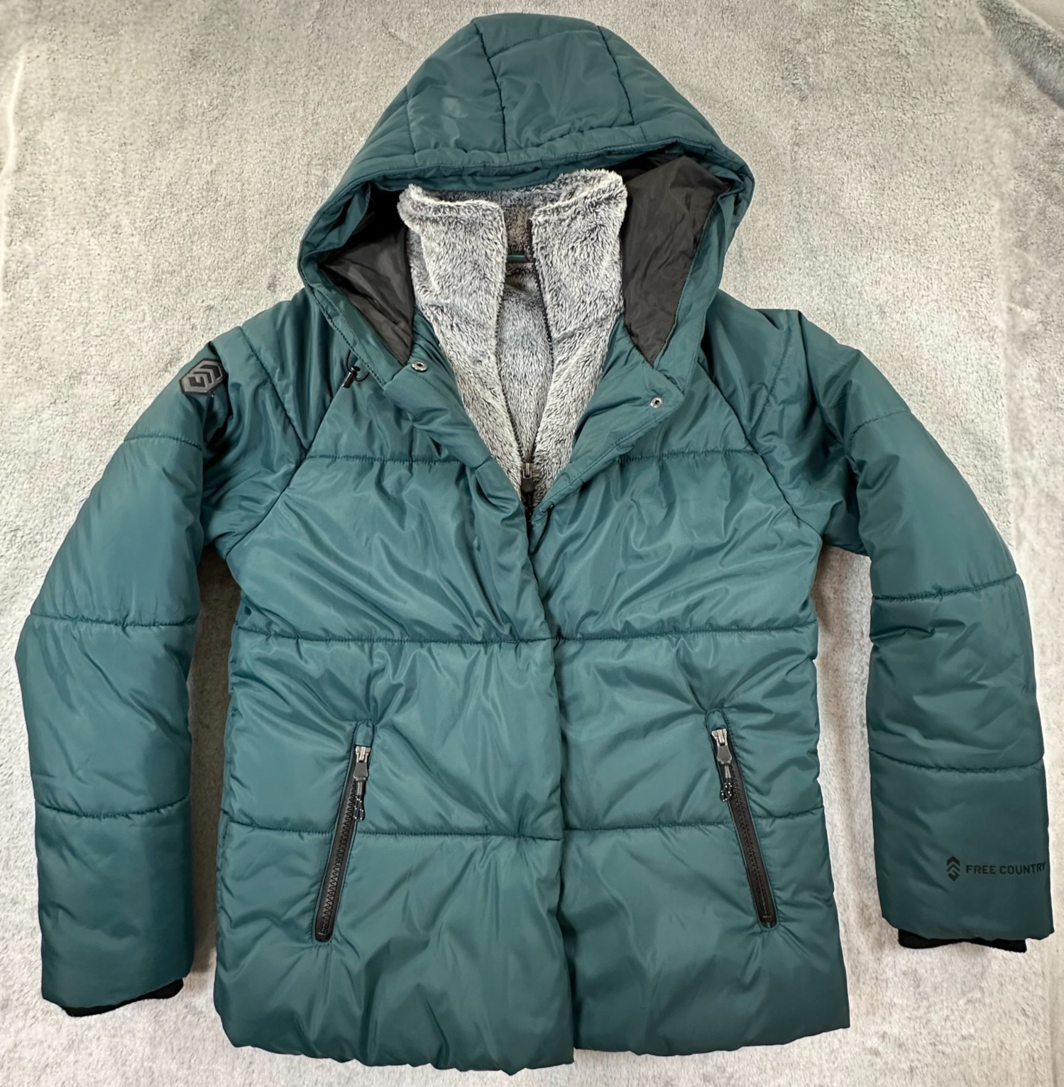 Free Country Hooded Puffer Jacket Women’s S Green Faux Fur Lined Winter Coat