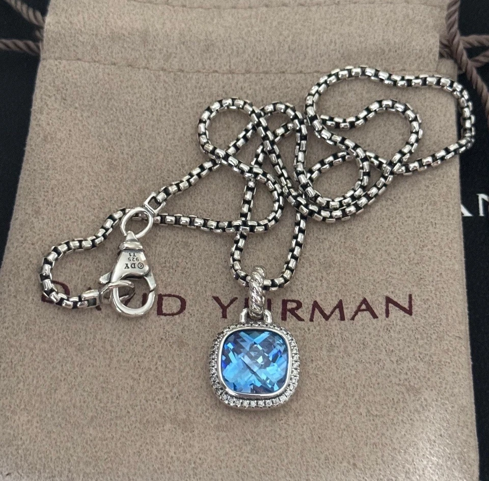 DAVID/YURMAN Sterling Silver 14mm Albion Pendant Blue Topaz & Diamonds 18 inc - Image 4 of 4