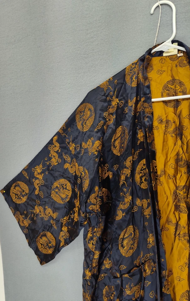 Da Hua Bata Para Hombres Grande Negro Dorado Dragón Kimono Satinado Salón Baño Vestido F2 Asiático Foto 2 de 4