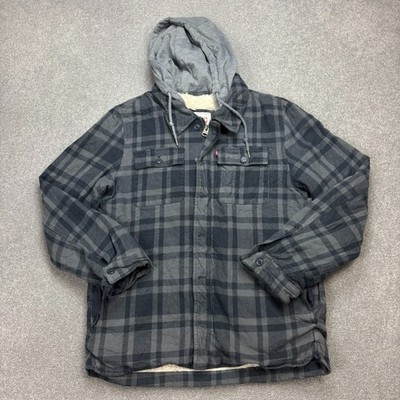 Levis Jacke Erwachsene klein grau kariert Flanell Western Sherpa Kapuze Shacket Herren*
