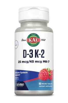 KAL D-3 K-2 (25 mcg - 45 mcg MK-7) 60 ActivMelts, Rasberry Flavor