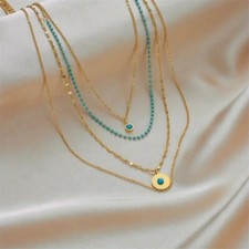 Women Boho Golden Multi-layered Titanium Steel Medal Turquoise Pendant Necklace