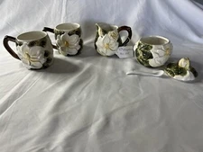 Vintage Magnolia Sugar And Creamer Set W/ 2 Tea Mugs Southern Charm Old Money