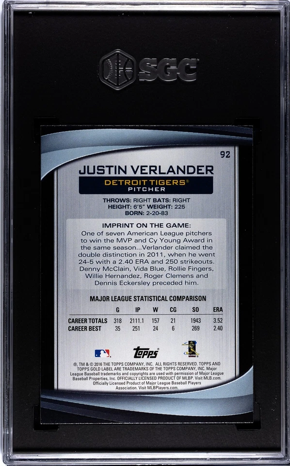 2016 Topps Gold Label #92 Justin Verlander Class 3 SGC 9.5 MINT+ - Image 2 of 2