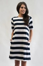 Women's Striped T-Shirt Dress with Pockets, Short Sleeve, Navy/White -M (8/10)
