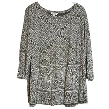 Lucky Brand Womens Knit Top Size 2X Gray Mixed Paisley Print Cotton Modal