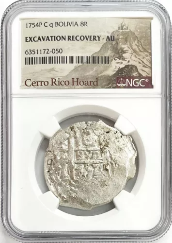 1754 P C Q SILVER BOLIVIA 8 REALES CERRO RICO HOARD COB EXCAVATION NGC ABOUT UNC