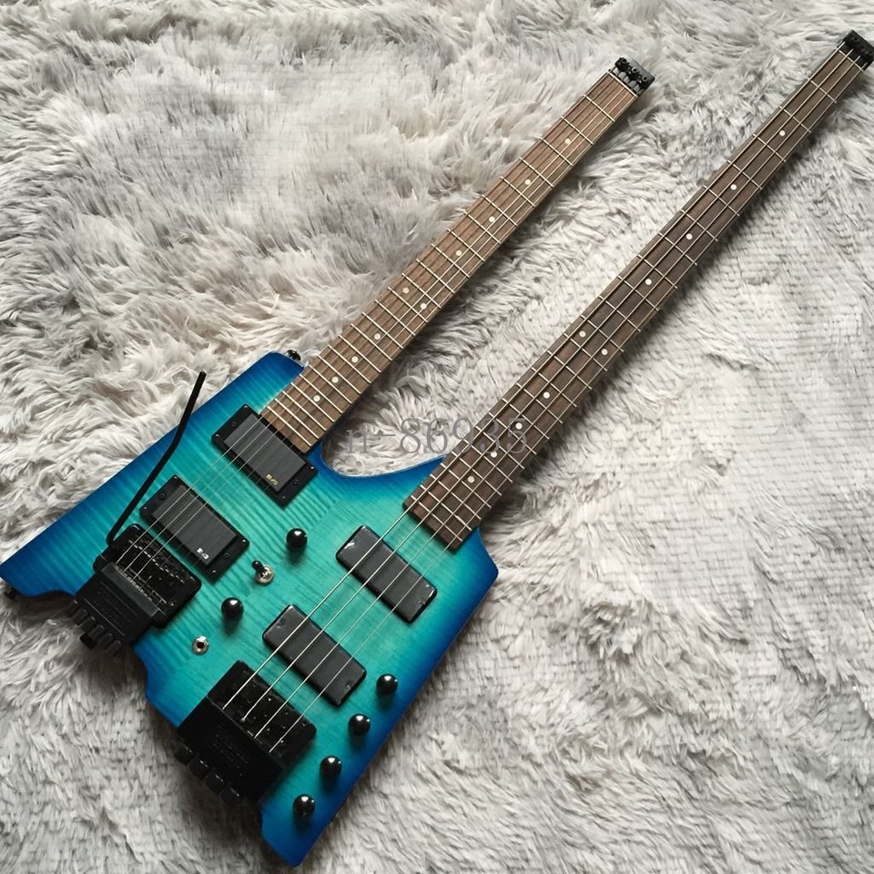 6+4 String Double Neck Electric Guitar&Bass Blue Flamed Top Dot Inlay ...