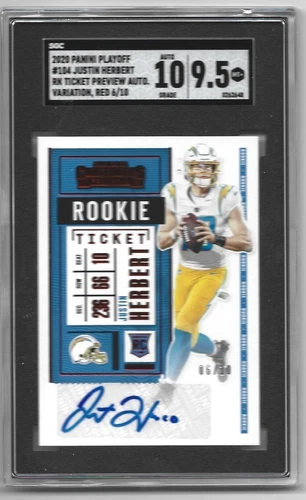 2020 PLAYOFF CONTENDERS JUSTIN HERBERT AUTO VAR RED TICKET #06/10 SGC 9.5/10