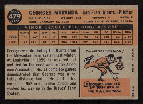 1960 Topps #479 Georges Maranda (VG) - Picture 2 of 2
