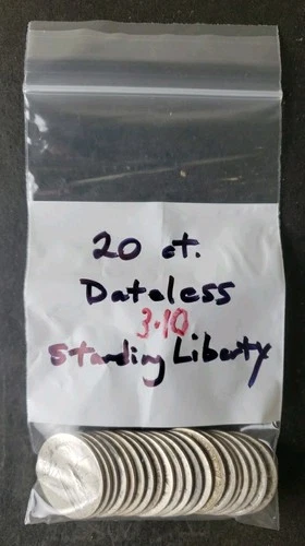 Bag of 20 25c Standing Liberty Silver Quarter Dollars, Dateless Ones