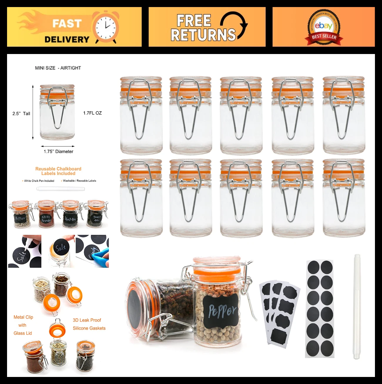 12 Pack Mini Glass Spice Jars 1.7 oz with Airtight Hinged Lid & Labels - Perfect