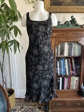 Vintage Ann Taylor Black 100% Silk Floral Dress Bias Cut Slip Y2K 90s Size 8