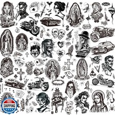 12 Sheets Large Chicano Temporary Tattoos, Cholo and Chola Temporary Tattoos,