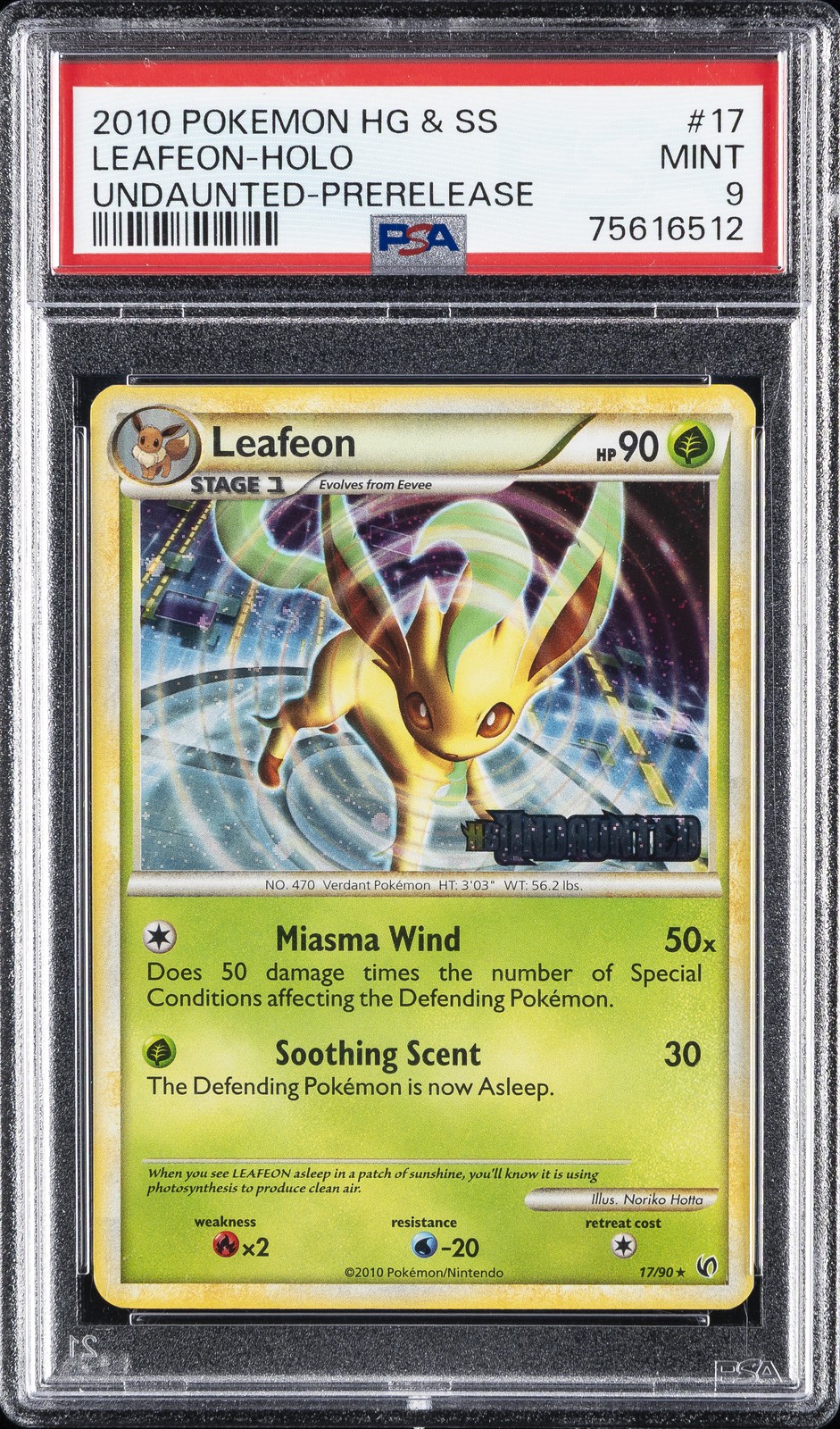 2010 POKEMON HEARTGOLD & SOULSILVER UNDAUNTED PRERELEASE #17 LEAFEON-HOLO PSA 9
