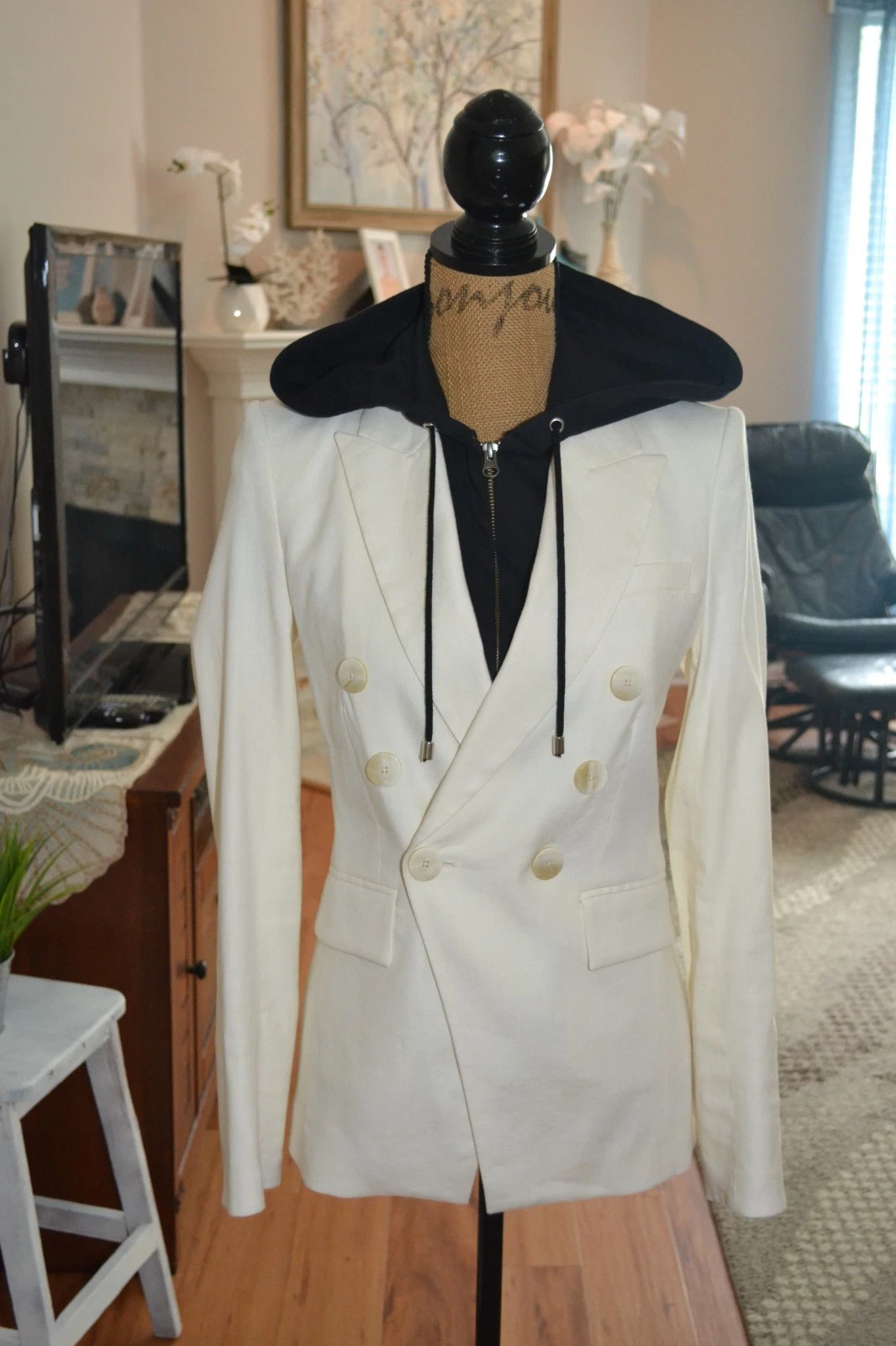 OFF WHITE Veronica Barba Off bianco misto lino Lonny Dickey nero felpa con cappuccio inserto blazer 2
