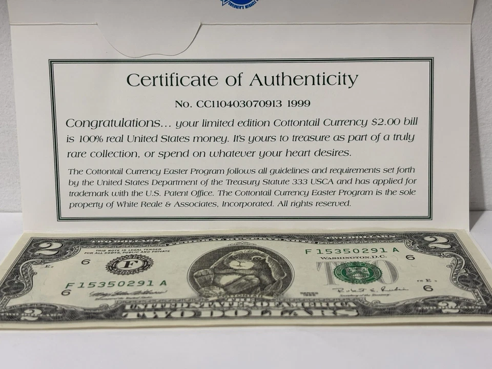 Rare 1999 Walmart Cottontail Currency $2 Bill Easter Promo with COA & Card - Image 4 of 4