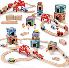 Wooden Train Set for Kids 3-7, Wood Train Tracks Complete Town Railway Playset w