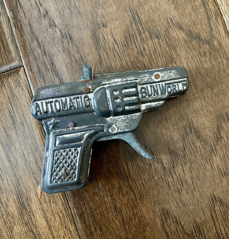 Vintage Tin Toy Automatic Gun World Cap Gun 3”