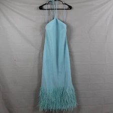 Alexis Dress XS Izzie Lagoon Feathered Blue Trim Halter Maxi Gown Evening Luxury