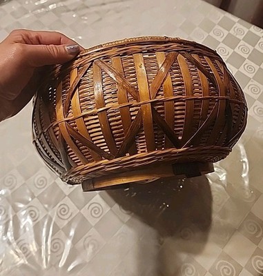 Vintage Woven Brown Bamboo And Rattan Wicker Storage Rice Basket 50s Decorative