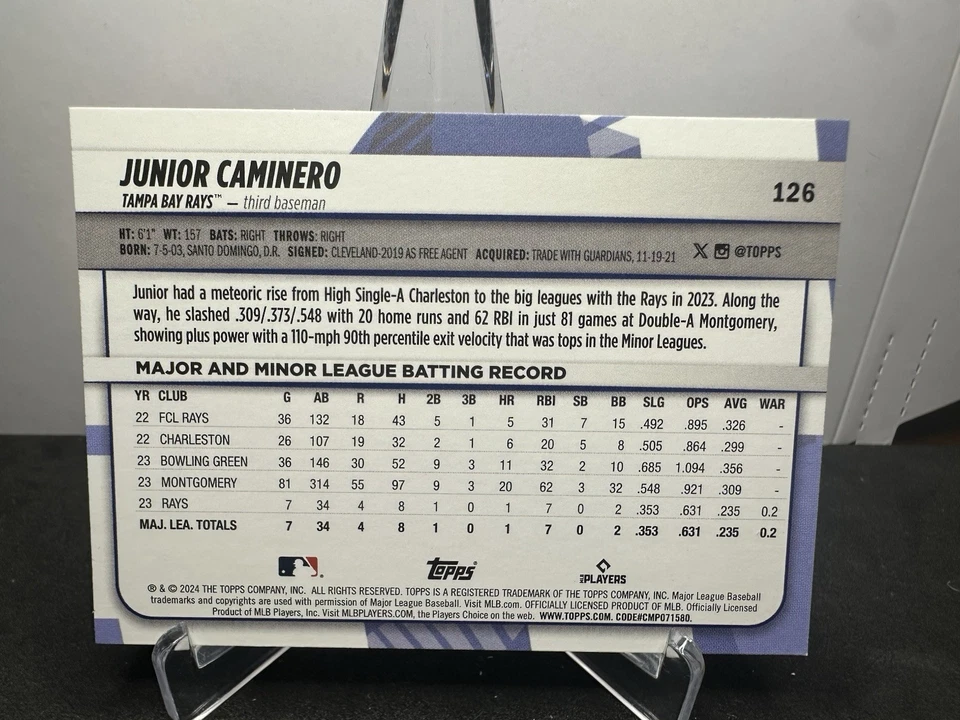 2024 Topps Big League Rookie Card Junior Caminero #126 Tampa Bay Rays RC - Image 2 of 2