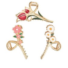 3-Piece Floral Metal Hair Clips Orchid Tulip Daisy Barrettes Women Girls