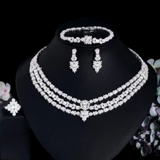 Multiple White Gold Plated CZ Women Drop Pageant Necklace Earrings Jewelry Set
